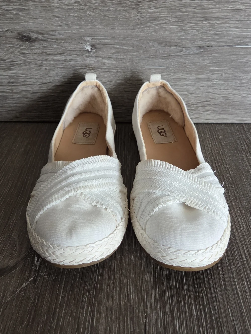 UGG Ynez Ballet Flats Womens 7 US Slip On Sherpa Heel Canvas Shoes White 1092238